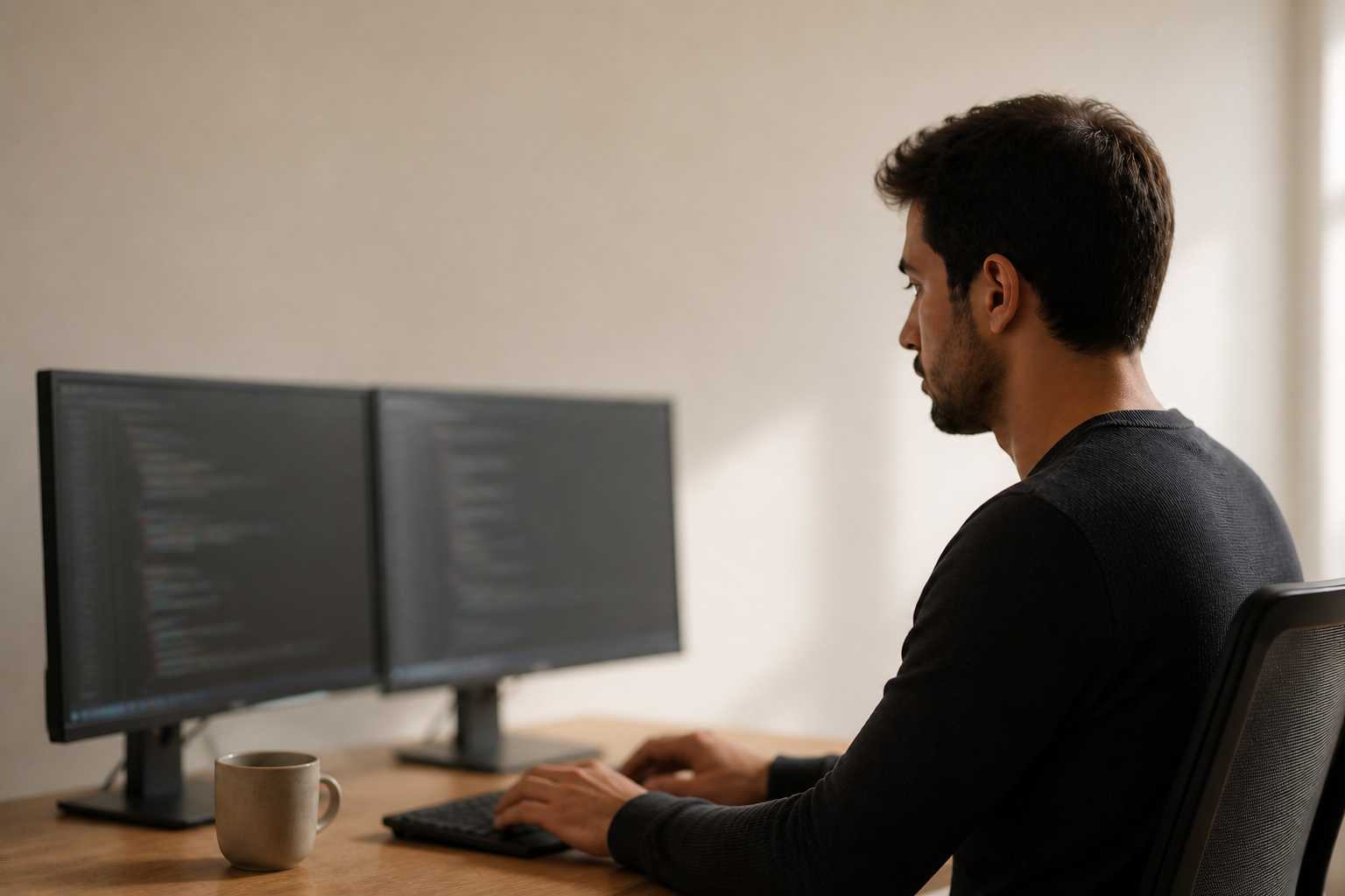 Programador treballant davant de dues pantalles