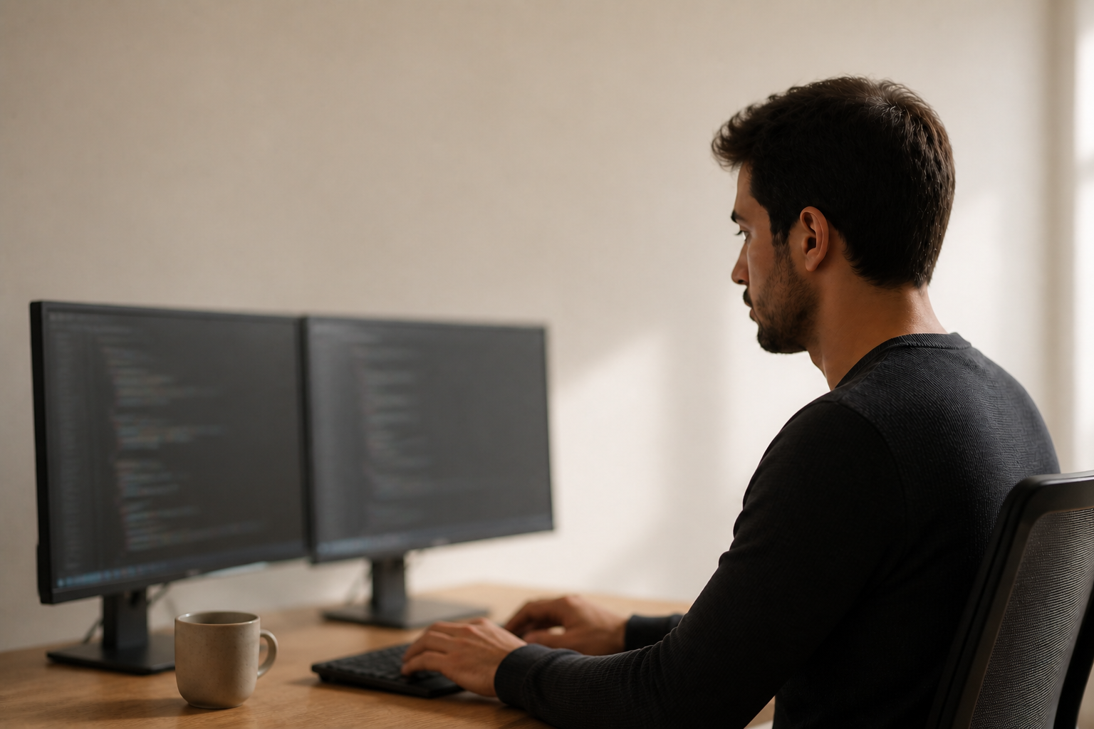 Programador treballant davant de dues pantalles